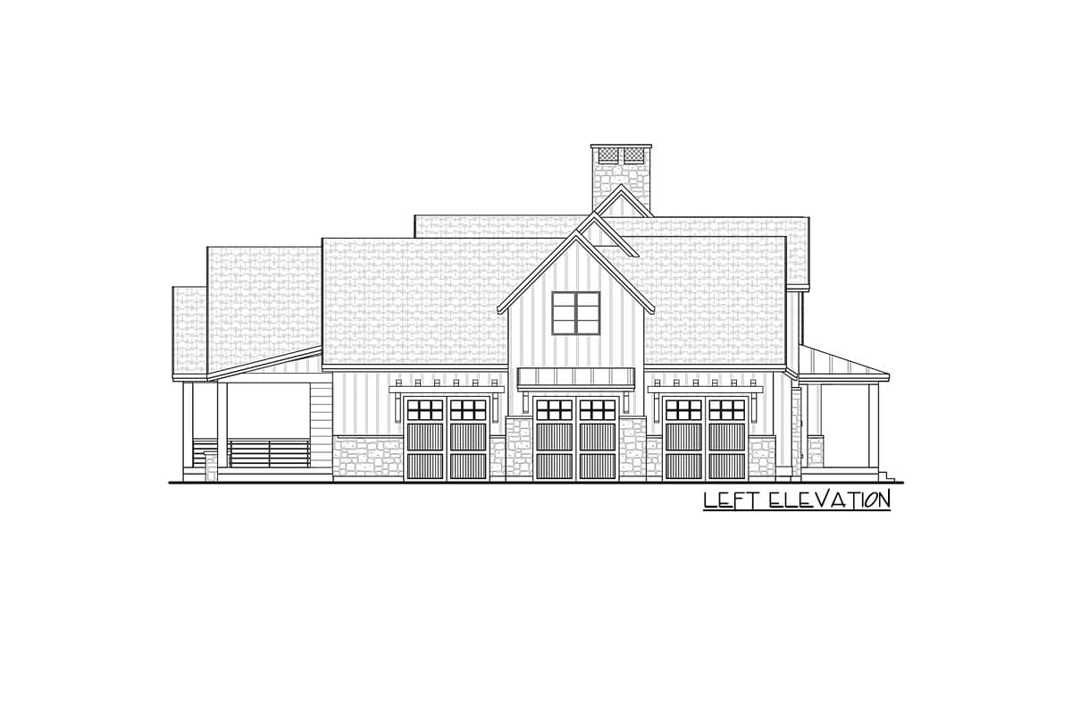Left elevation house plan with three garage doors, gabled rooflines, stone accents, and covered porch.