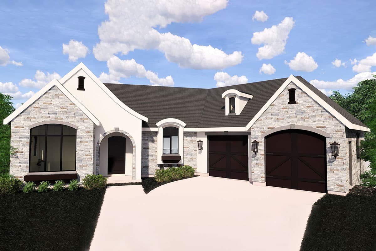 House plan exterior with stone veneer, arched garage doors, gable roof, and a dormer. The house is a single story style.