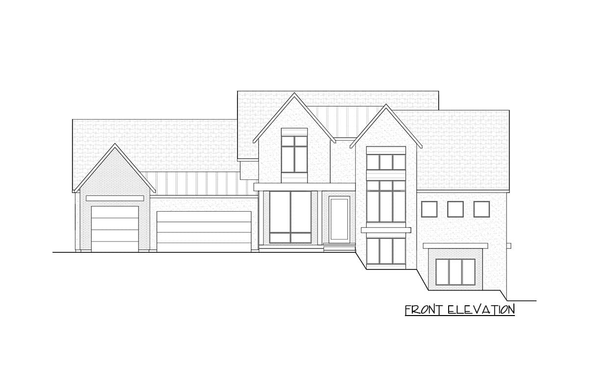 Front elevation drawing of a two-story house plan with a two-car garage, gabled rooflines, and large windows.