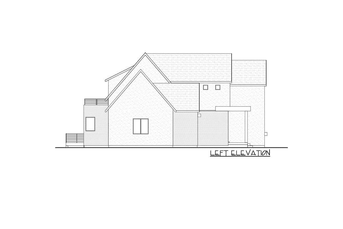Left elevation drawing of a two-story house plan with multiple gables, a balcony, and a covered porch.