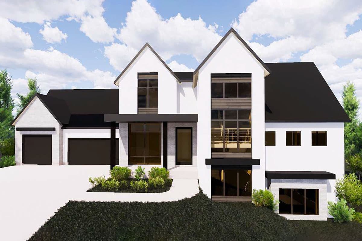 House plan exterior. Modern style with a two-story design, featuring a gabled roof, large windows, and an attached garage.