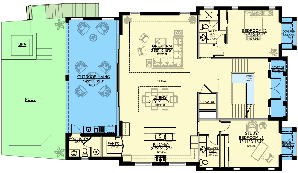 Plan 65653BS: Coastal Contemporary House Plan with Front and Back Balconies - 3741 Sq Ft - Floor Plan - 2nd Floor
 - Coastal, Coastal Contemporary, Contemporary, European, Florida-Style, Transitional
