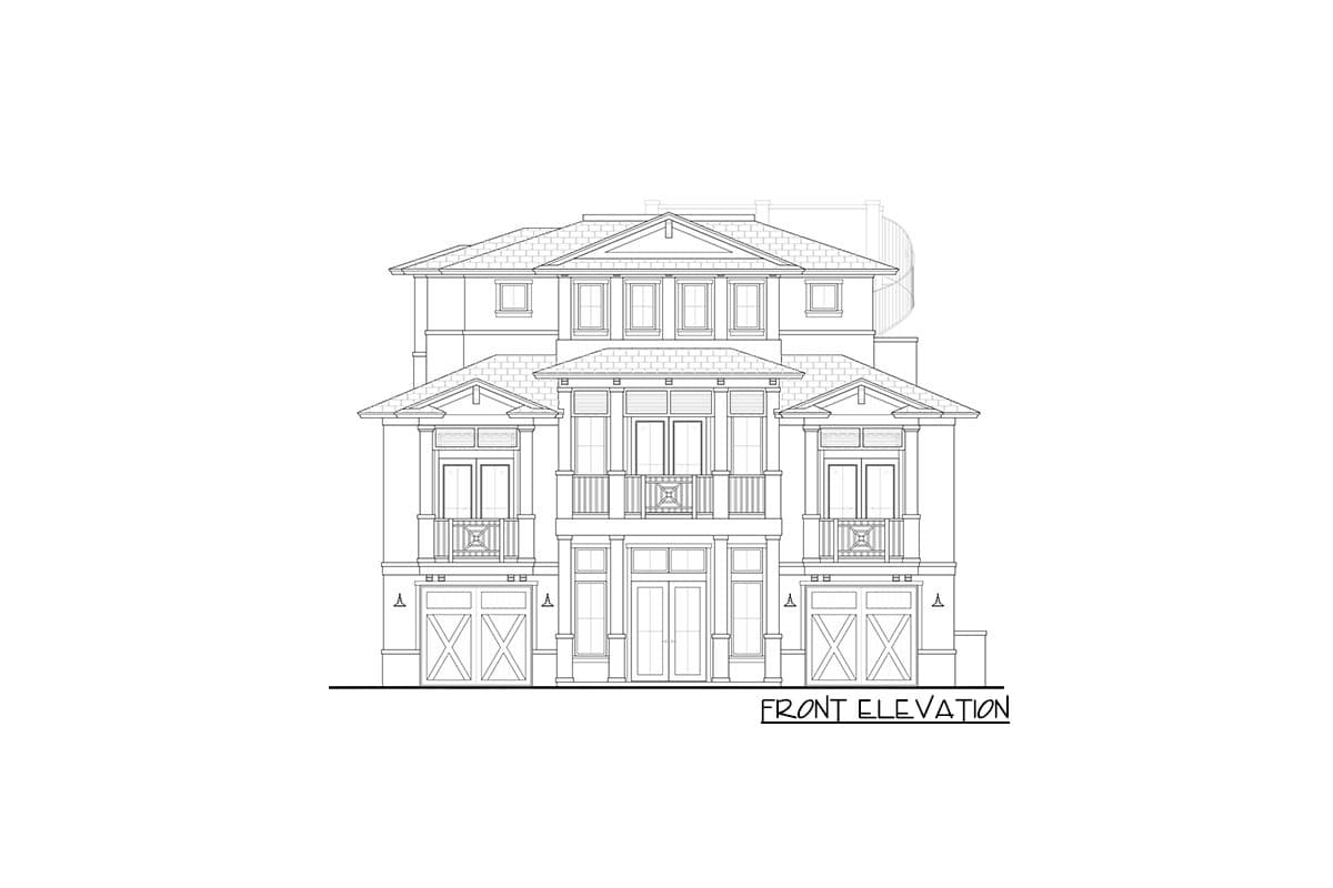 Front elevation house plan featuring a three-story facade, symmetrical gables, balconies, and double garage doors.