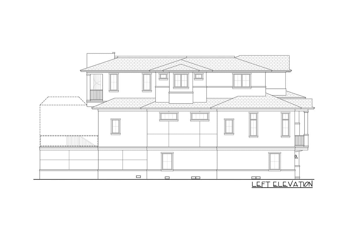 Left elevation drawing of a multi-story house plan, showing multiple gables, windows, and a covered balcony.