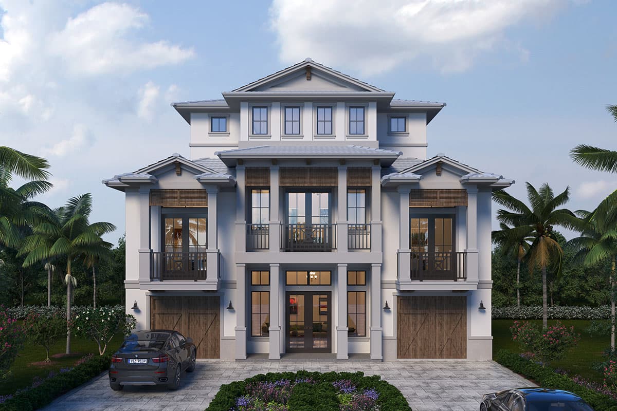 House plan exterior. Two-story, coastal style with balcony access. Features include a gabled roof, multiple balconies, and attached garages.