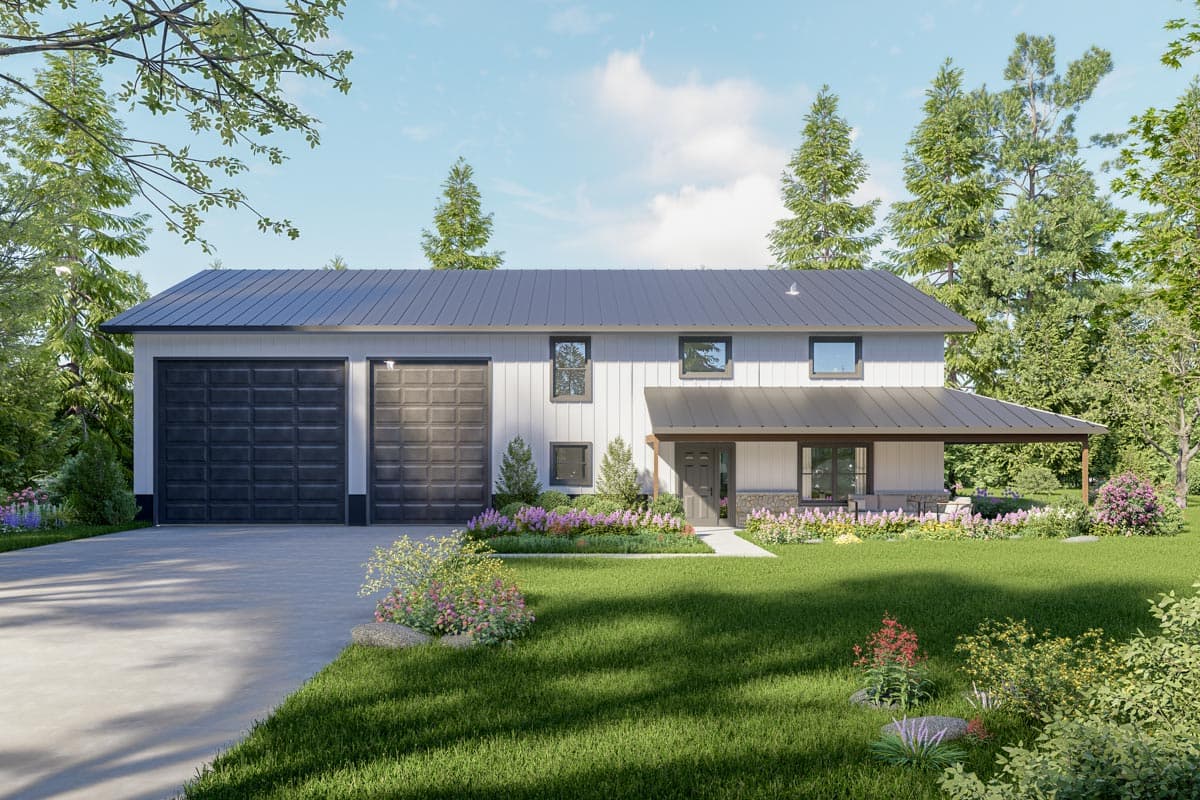 Two-story Modern Farmhouse plan with standing seam metal roof, covered porch, and attached two-car garage.