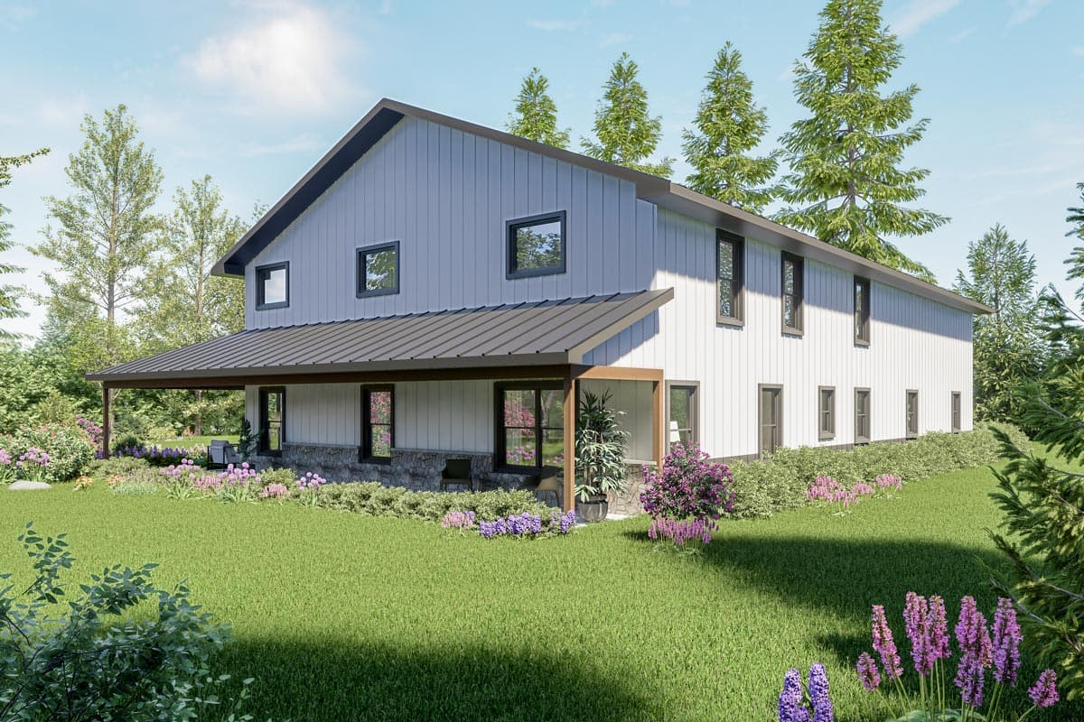 Modern Farmhouse house plan exterior: two stories, white vertical siding, stone base, prominent gabled roof with metal roof.