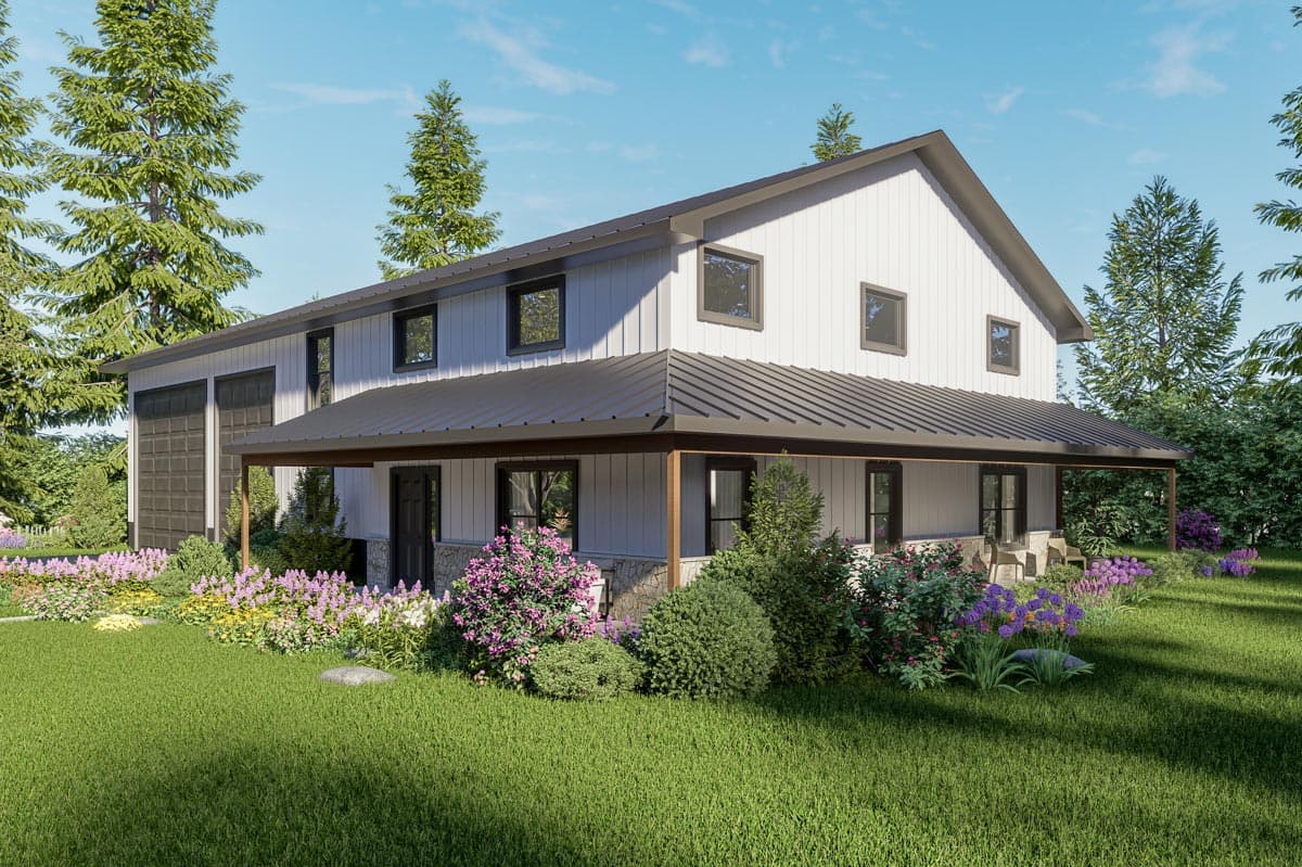House plan exterior: Modern Farmhouse style, two stories, white vertical siding, wraparound porch, attached two-car garage.