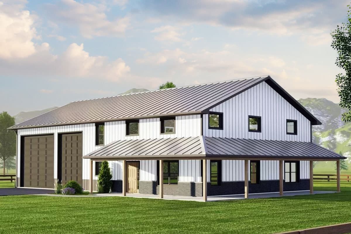 House plan exterior: Two-story Modern Farmhouse with metal roof, wrap-around porch, and attached double garage.