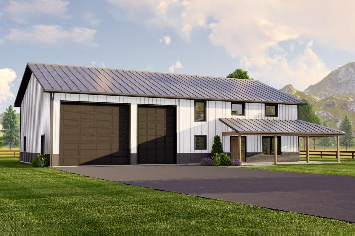 House plan exterior. Two-story Modern farmhouse with metal roof. Features include attached garage, covered porch, and board-and-batten siding.