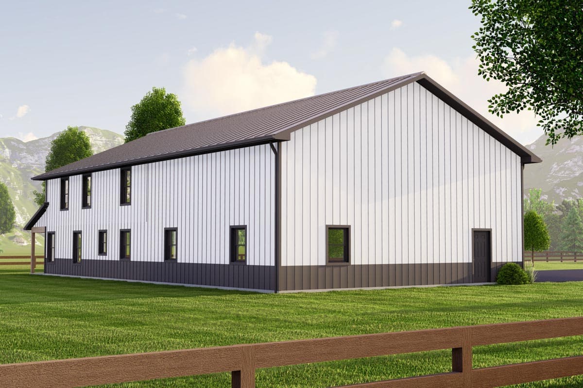 Two-story house plan exterior with white vertical siding, dark gable roof, and numerous windows.