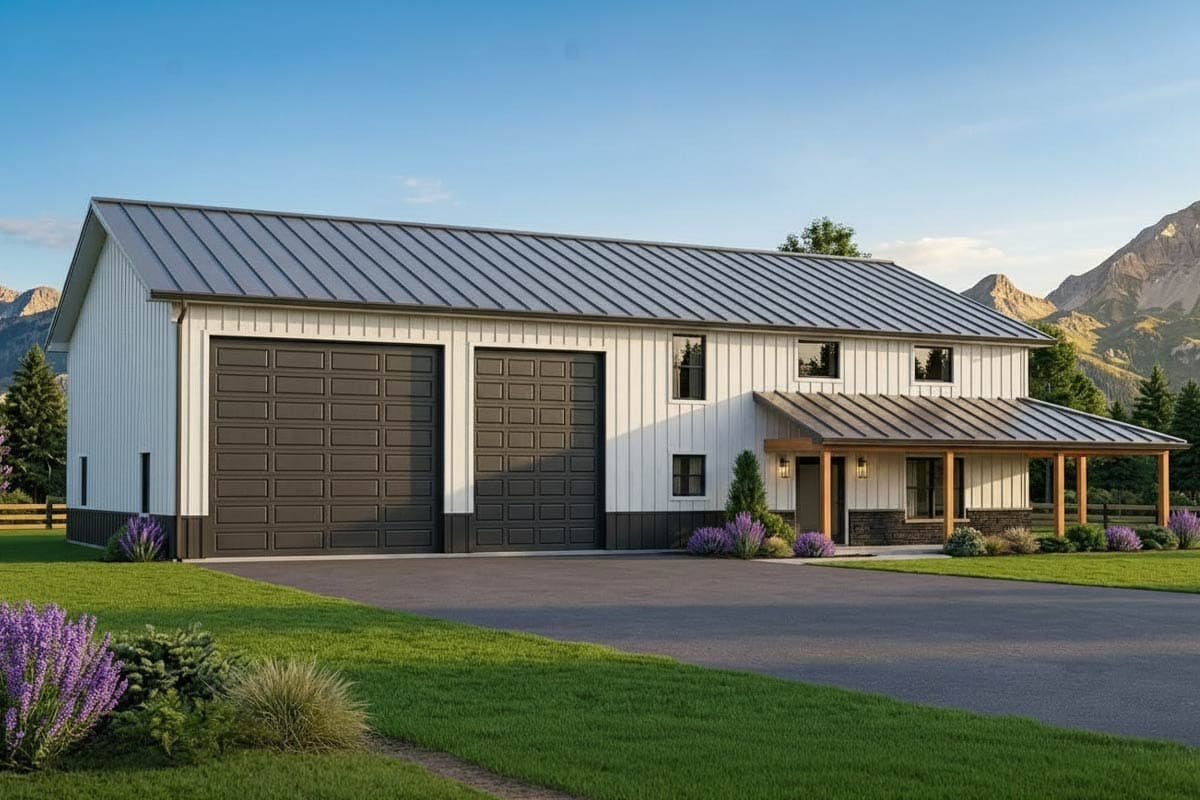 House plan exterior. Two-story Modern farmhouse with metal roof. Features include attached garage, covered porch, and board-and-batten siding.
