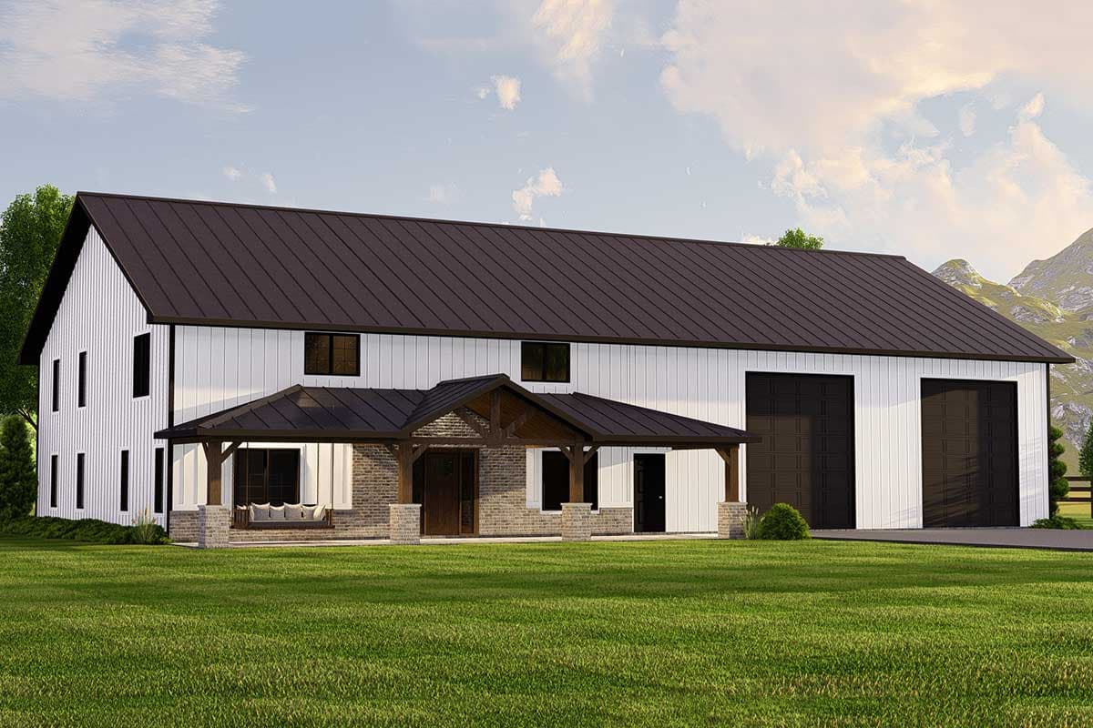 House plan exterior with two stories and a modern farmhouse style. Features include a covered porch, a standing seam metal roof, and garage doors.
