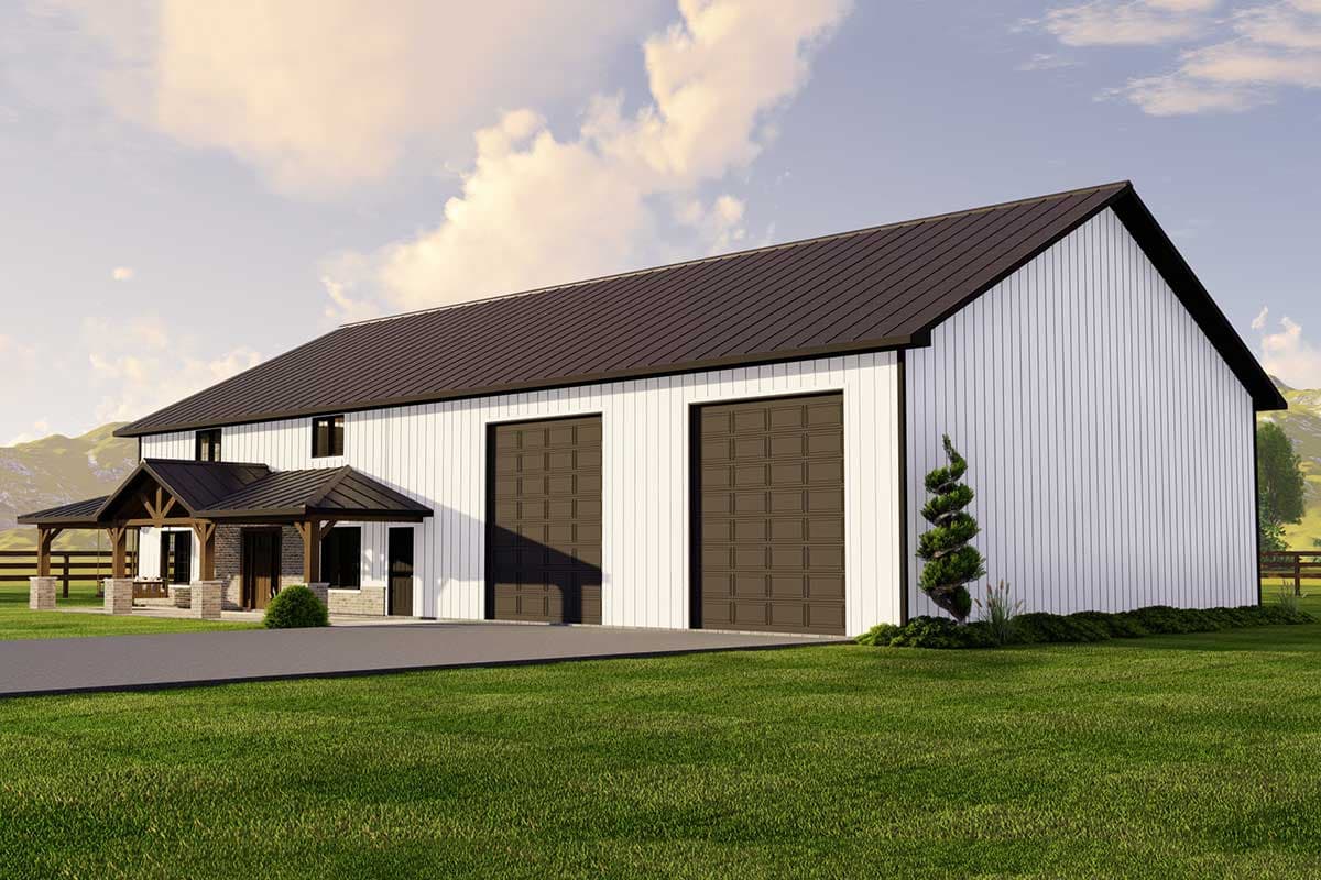 Modern Farmhouse house plan exterior with a gabled roof, white vertical siding, two garage doors, and a covered porch with stone accents.