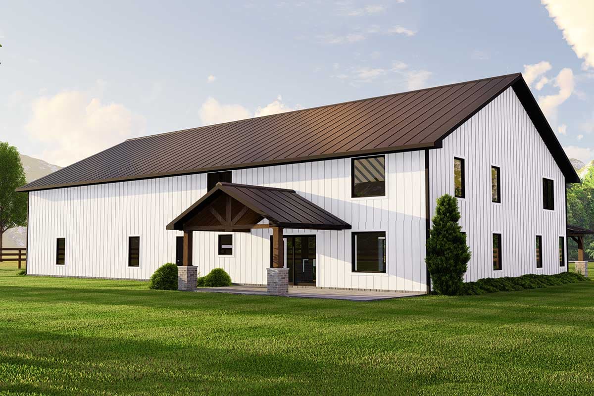 Modern Farmhouse house plan exterior with white board-and-batten siding, dark metal roof, and covered entry with exposed wood beams.