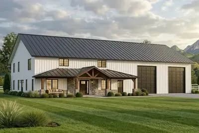 3-Bed Barndominium Plan with Front and Rear Porches and Main-floor Master 