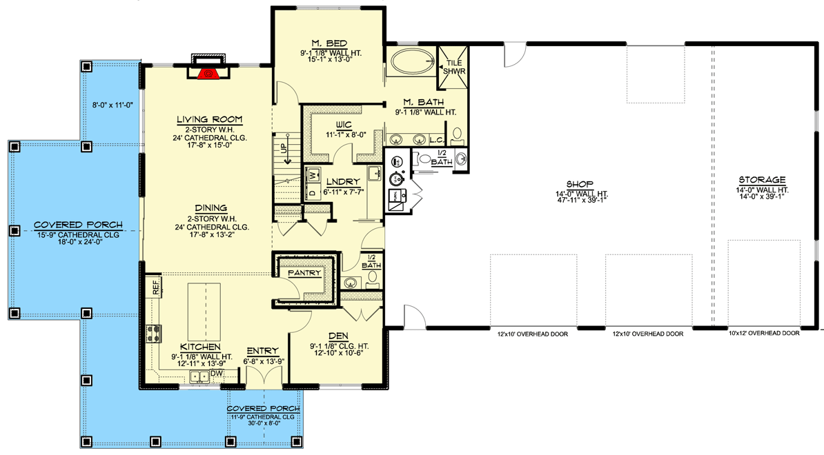 Plan 135047GRA: Barndominium with Wraparound Porch and 2-Story Living Room - 2765 Sq Ft - Floor Plan - Main Level - Barndominium, Country, Modern Farmhouse, New American, Traditional