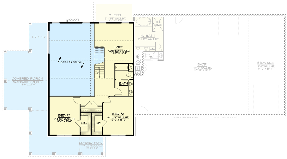 Plan 135047GRA: Barndominium with Wraparound Porch and 2-Story Living Room - 2765 Sq Ft - Floor Plan - 2nd Floor - Barndominium, Country, Modern Farmhouse, New American, Traditional