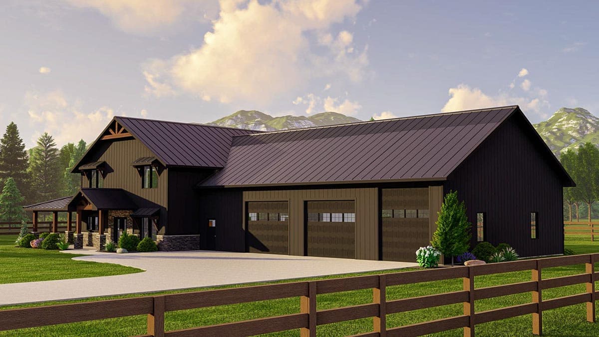 House plan exterior with a prominent gable roof, covered porch with stone columns, and a three-car garage with glass-paneled doors.