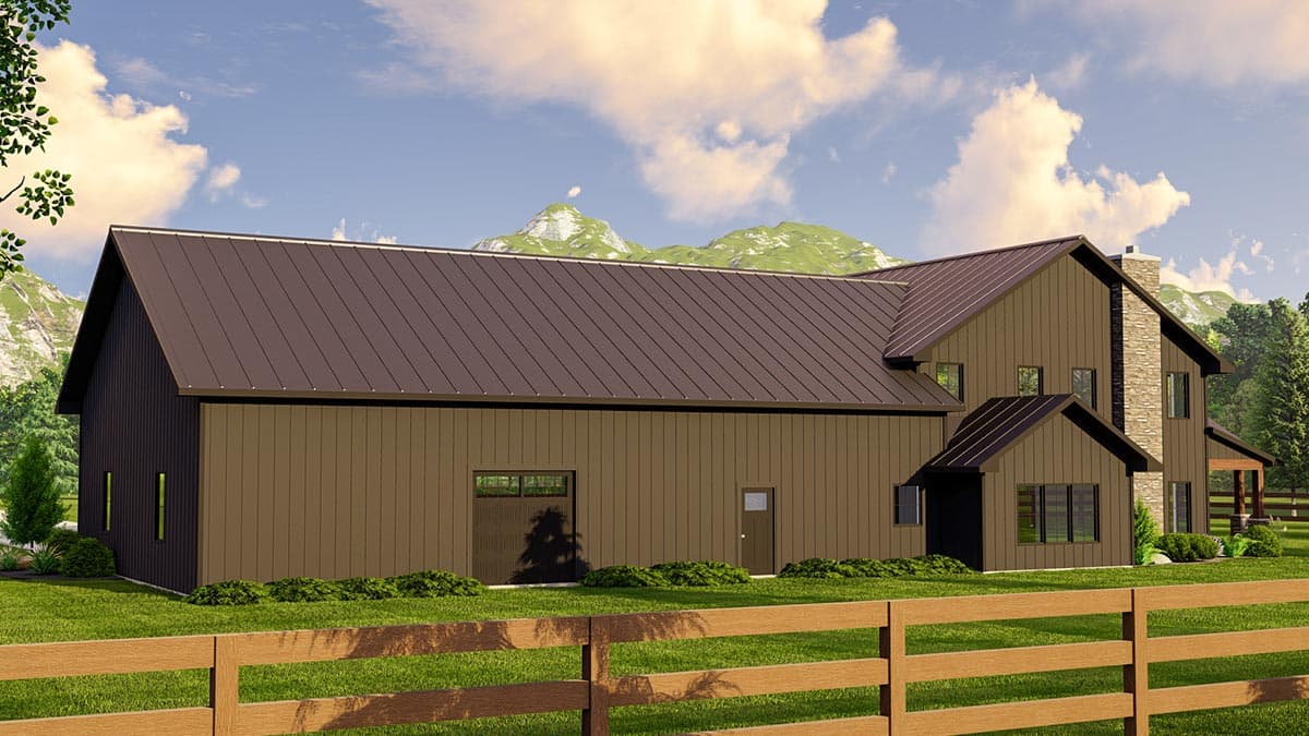 House plan exterior: Modern Farmhouse style, metal roof, siding, stone chimney, and attached garage.