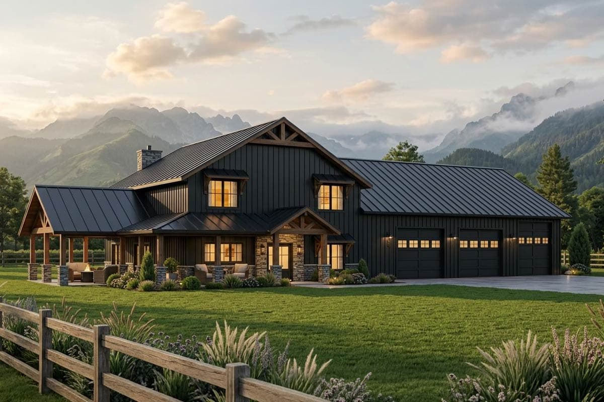 House plan exterior. Two-story Modern Farmhouse with a covered porch, gabled roof, and attached garage with multiple bays.