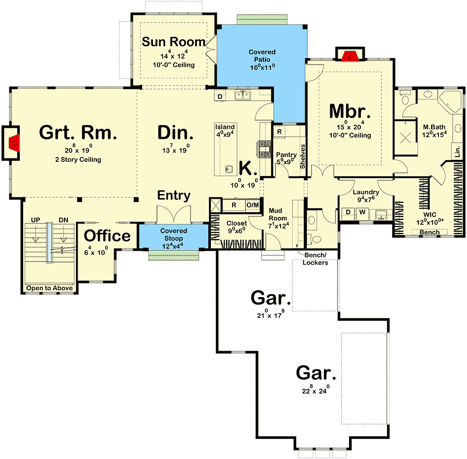 Plan 62369DJ: 4-Bed Transitional House Plan with 2-Story Great Room - Floor Plan - Main Level - Country, European, Transitional, Tudor