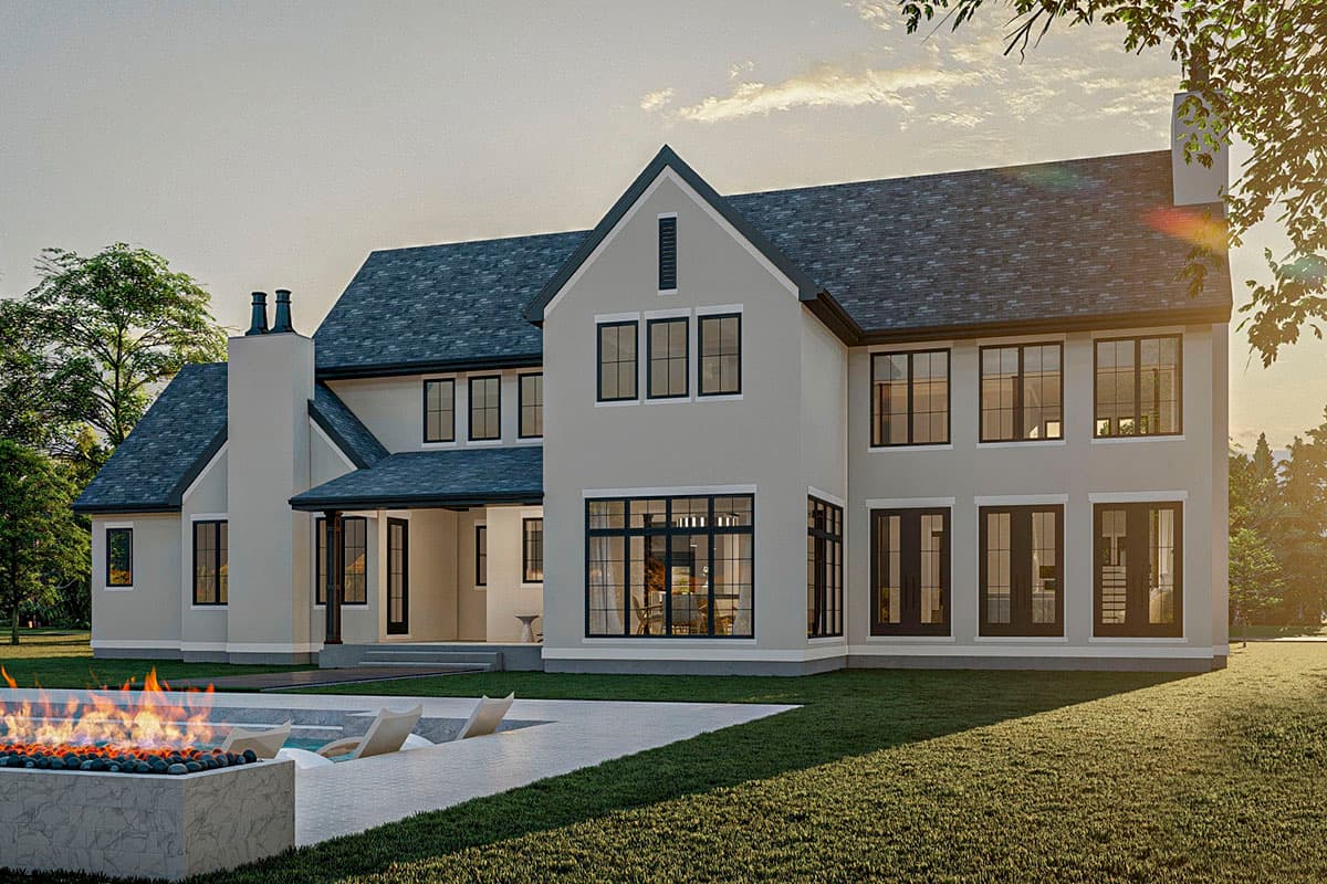 House plan exterior rendering with gabled roof, large windows, tall chimney, and covered entry.