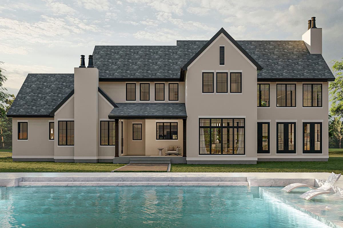 Modern house plan exterior with gabled roofs, large windows, two chimneys, and a covered porch.