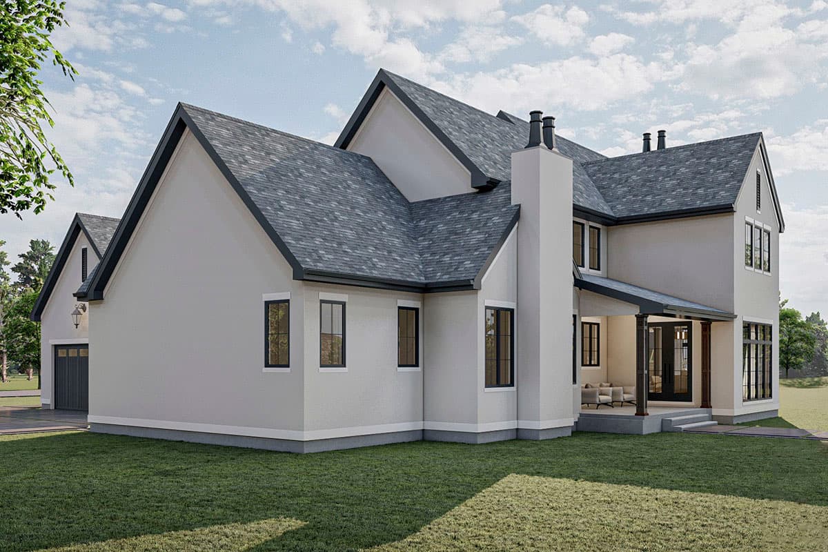 House plan exterior: Two-story modern farmhouse with gables, a prominent chimney, and a covered porch with columns.