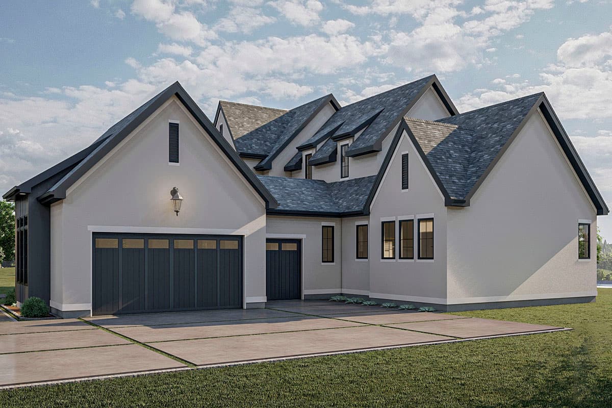 House plan exterior: Modern style, two-car garage, multiple gables and dormers, pitched roof.