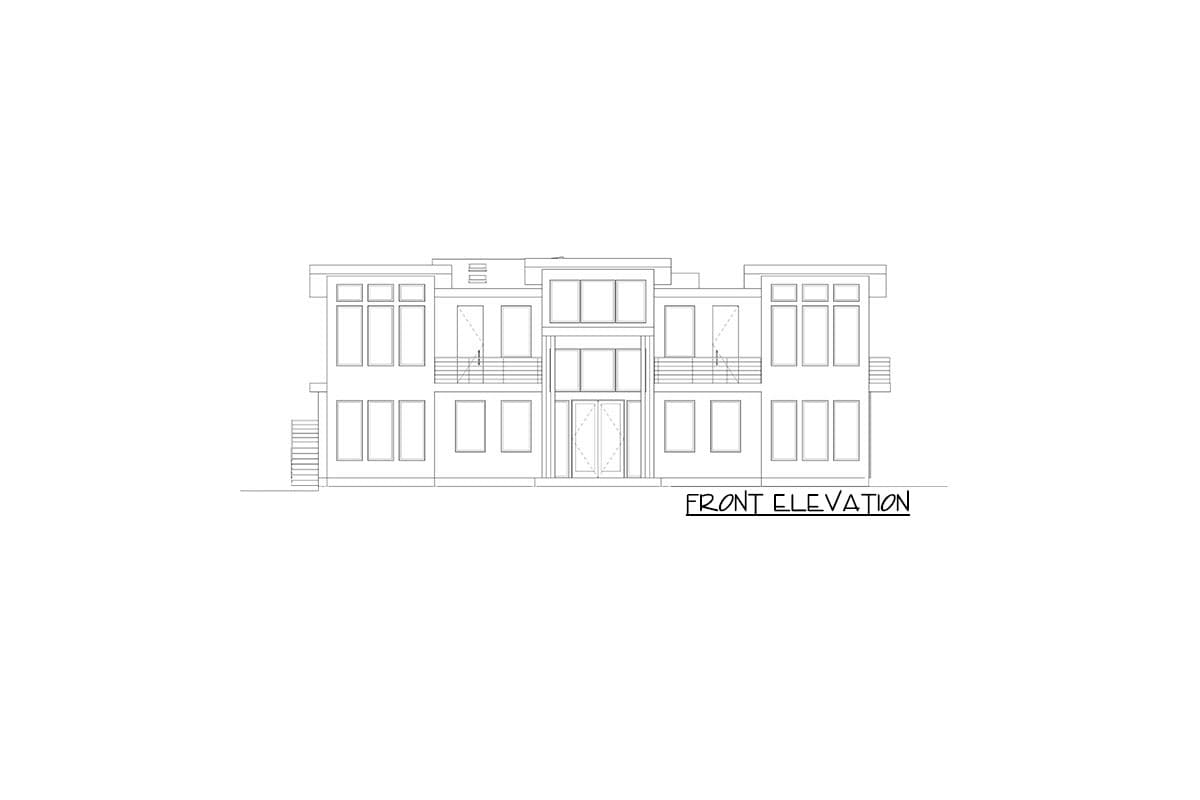 Front elevation drawing of a two-story modern house with a central entrance, multiple windows, and flat rooflines.