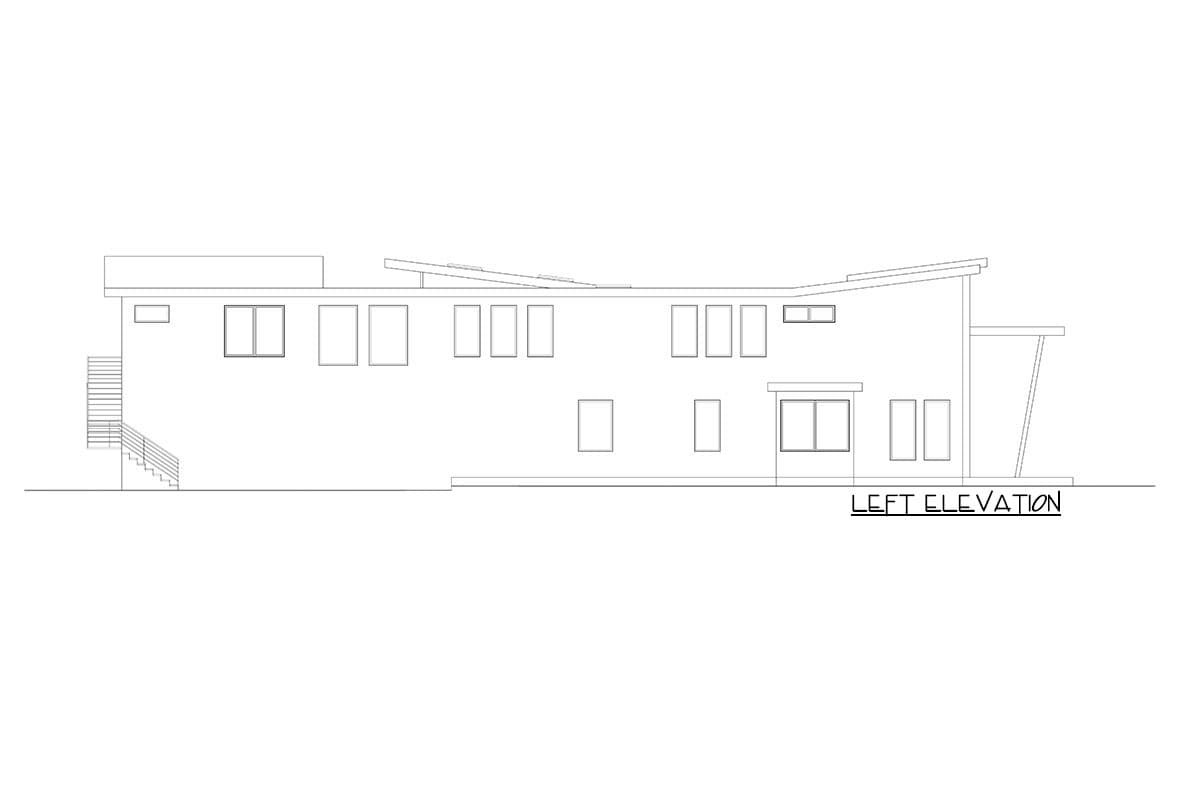 Left elevation drawing of a two-story house with a low-slope roofline, multiple windows, and a side entrance with stairs.