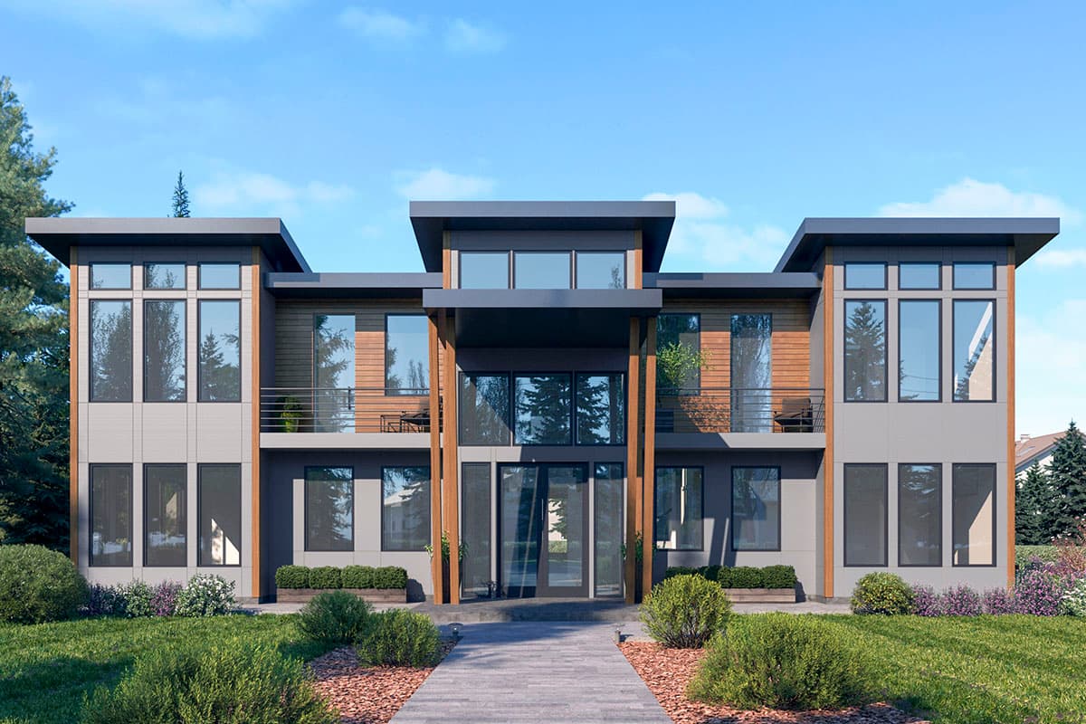 House plan exterior. Modern style, two-story home with flat roof, balconies, and large windows. Features wood siding accents and dark trim.