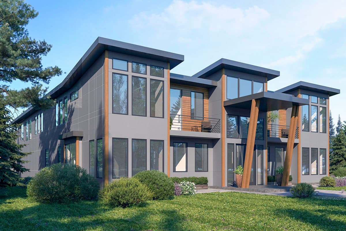 Modern house plan exterior, two stories, flat rooflines, balconies, and extensive window walls.