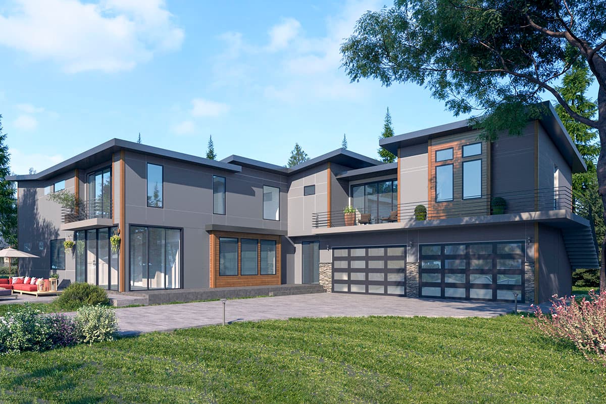 Modern house plan exterior featuring multiple levels, flat roofs, large windows, balconies, and a three-car garage with glass doors.