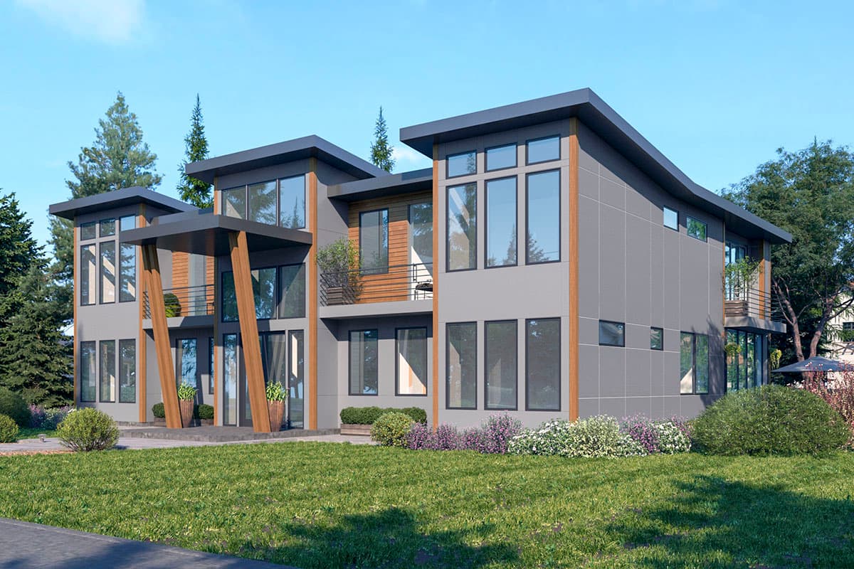 Modern house plan exterior with flat roofs, large windows, wood accents, and covered entry with angled support beams.