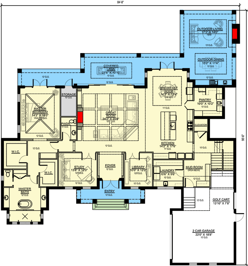 Plan 65656BS: Coastal European House Plan with Large Outdoor Living Area and Elevator - Floor Plan - Main Level - Coastal, European, Florida-Style, Southern