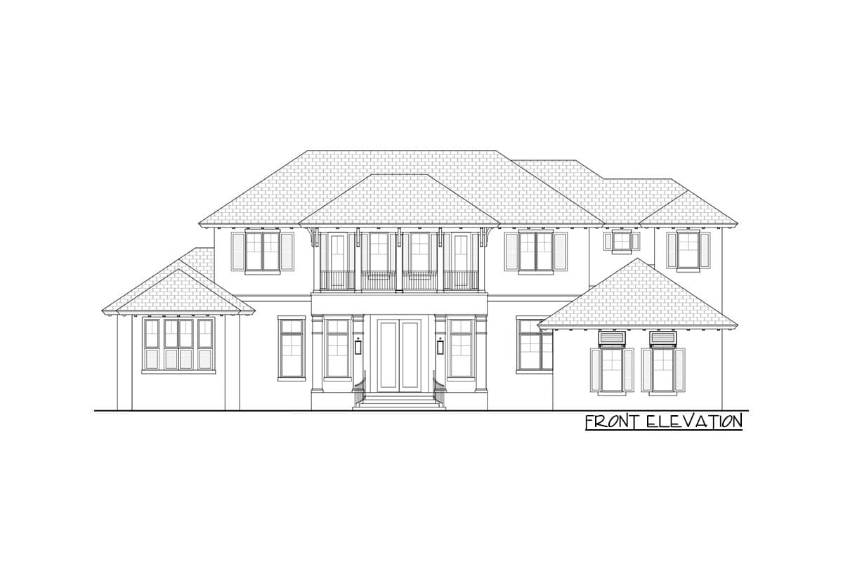 Front elevation drawing of a two-story house plan with multiple gables, a central balcony, and large windows.