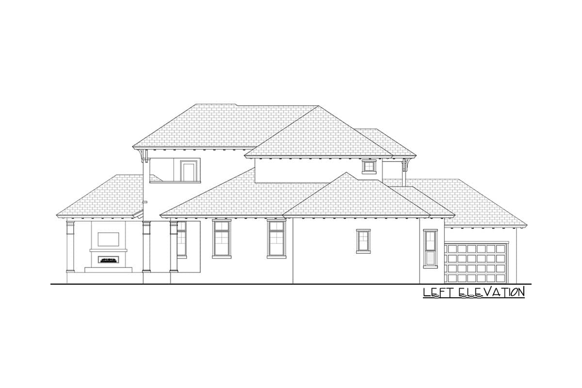 Left elevation house plan with covered porch, fireplace, multiple gables, and attached garage.