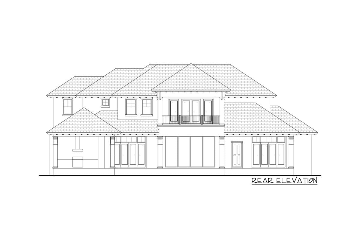 Rear elevation drawing of a two-story house with multiple gables, covered porches, and balcony.