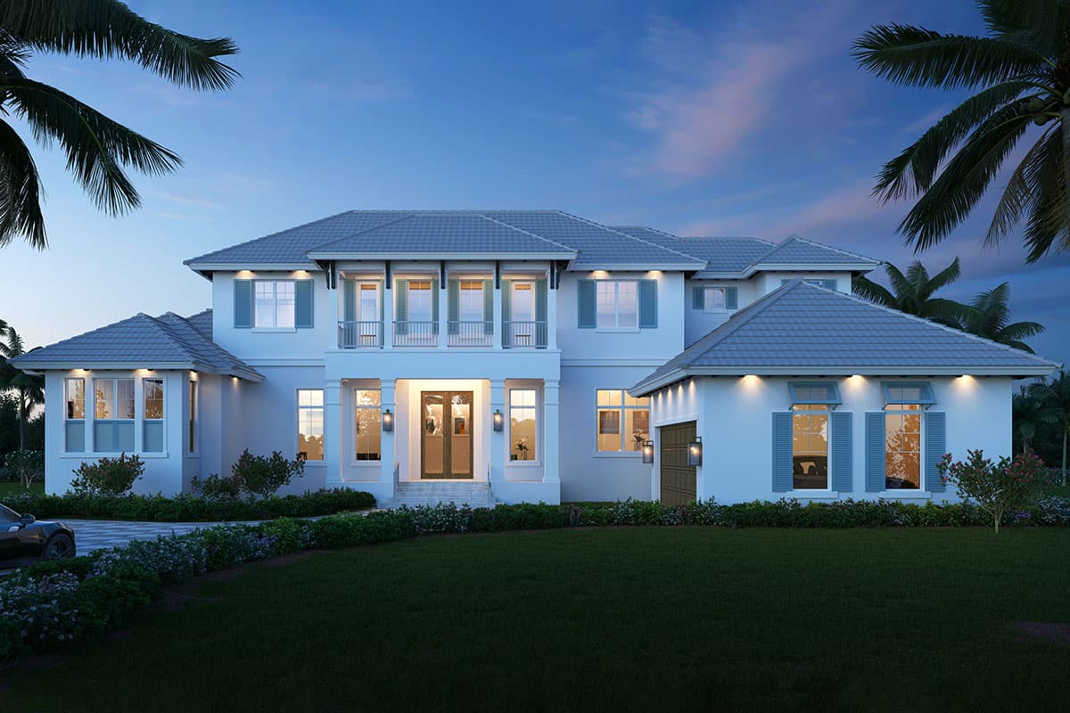 Two-story house plan exterior with a covered entryway, second-story balcony, multiple gables, and attached garage.
