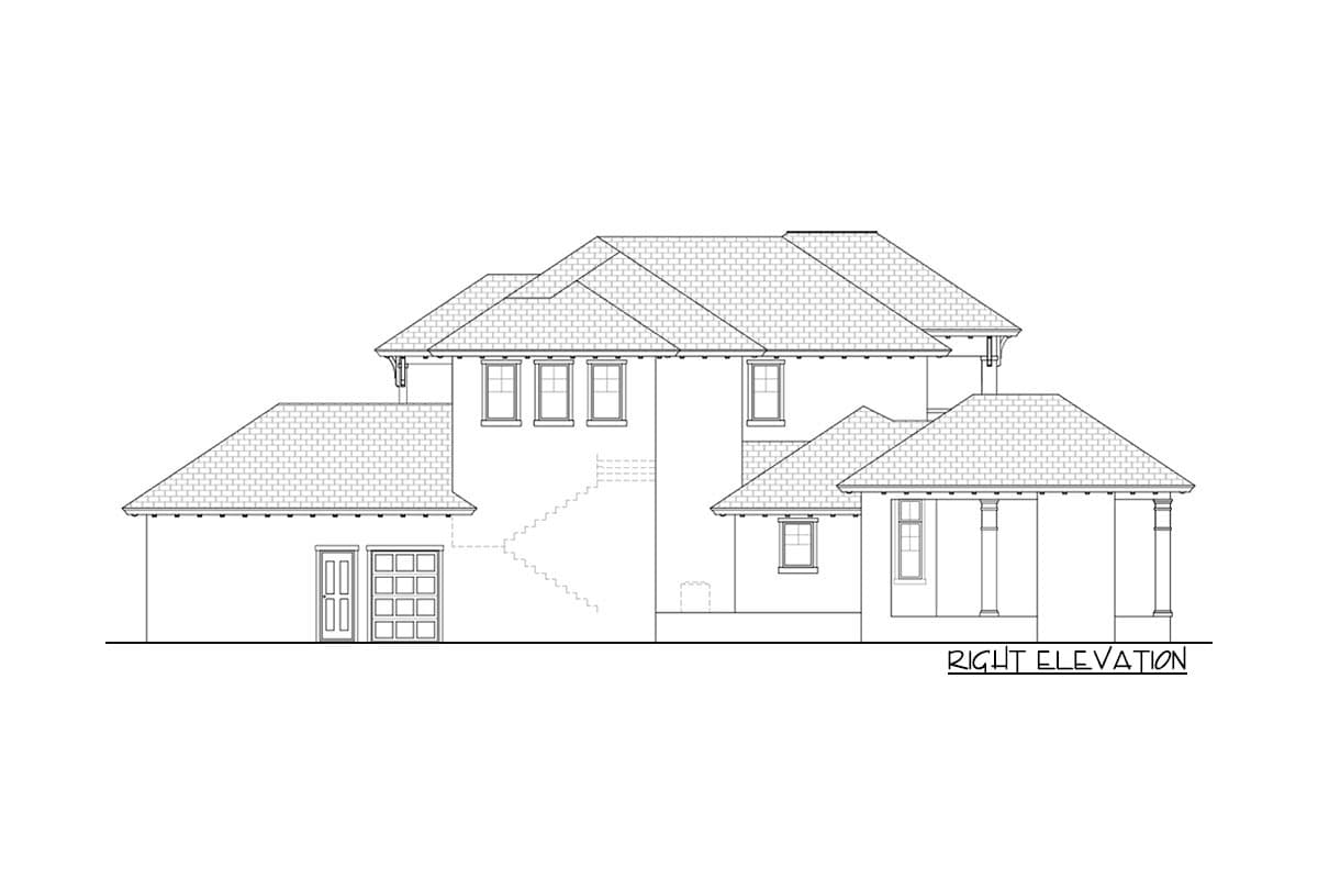 Right elevation of a house plan showing multiple gables, a two-car garage door, and a covered patio with columns.