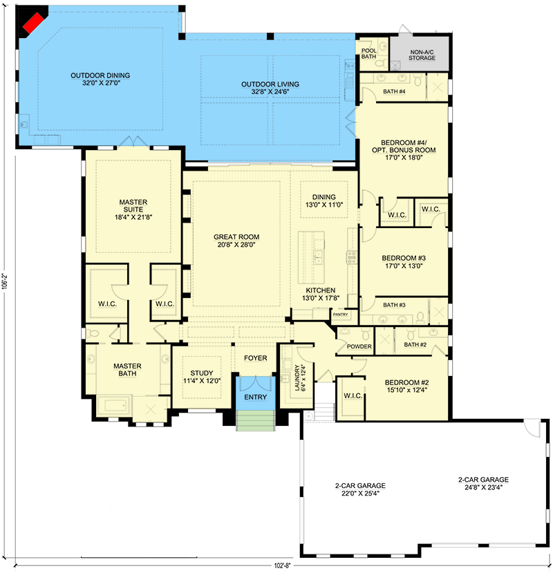 Plan 65657BS: One-level Florida House Plan with Split Bedrooms and Large Lanai - Floor Plan - Main Level - Coastal, European, Florida-Style, Southern, Transitional
