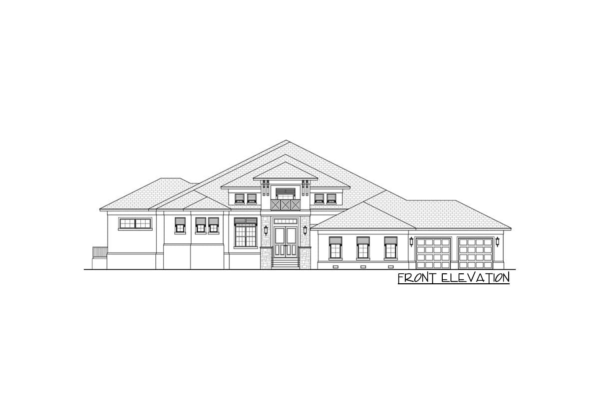 Front elevation drawing of a one-story house plan with a central entrance, a balcony, and a three-car garage.