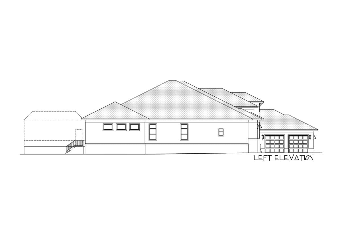 Left elevation of a single-story house plan with a hip roof, three garage doors, and multiple windows.
