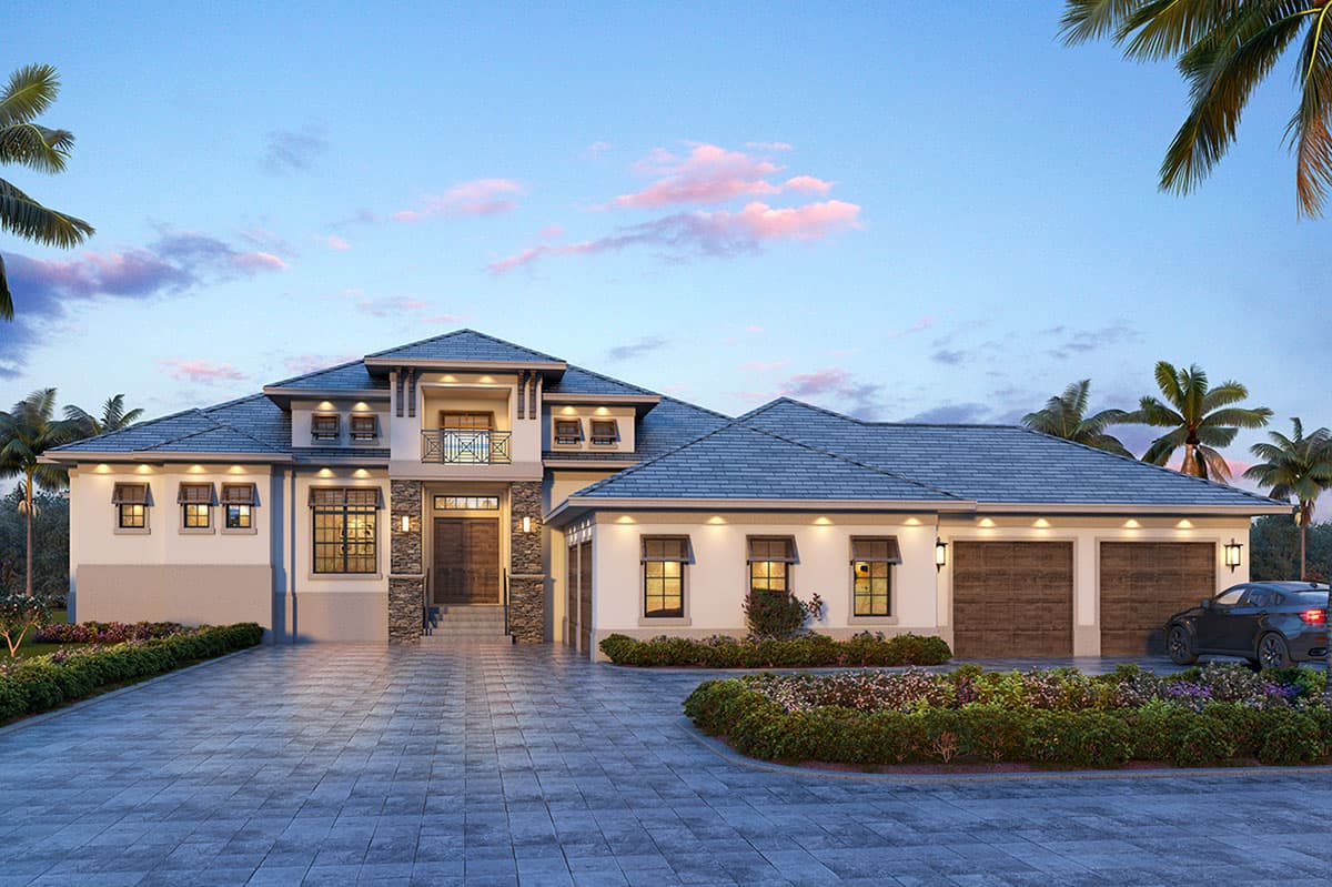 House plan exterior. Two-story home with a hip roof, stone accents, and a front-entry garage. Includes a balcony and decorative gables.