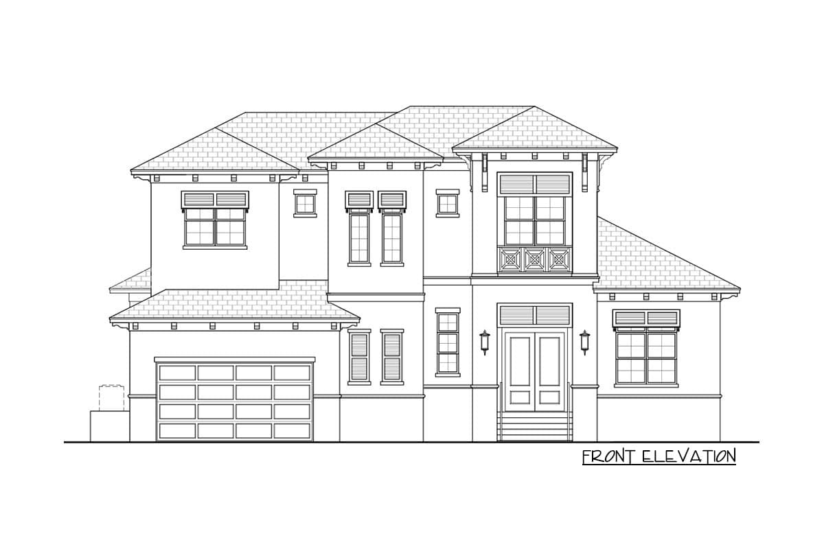 Front elevation of a two-story house plan with a hip roof, attached garage, and decorative balcony.