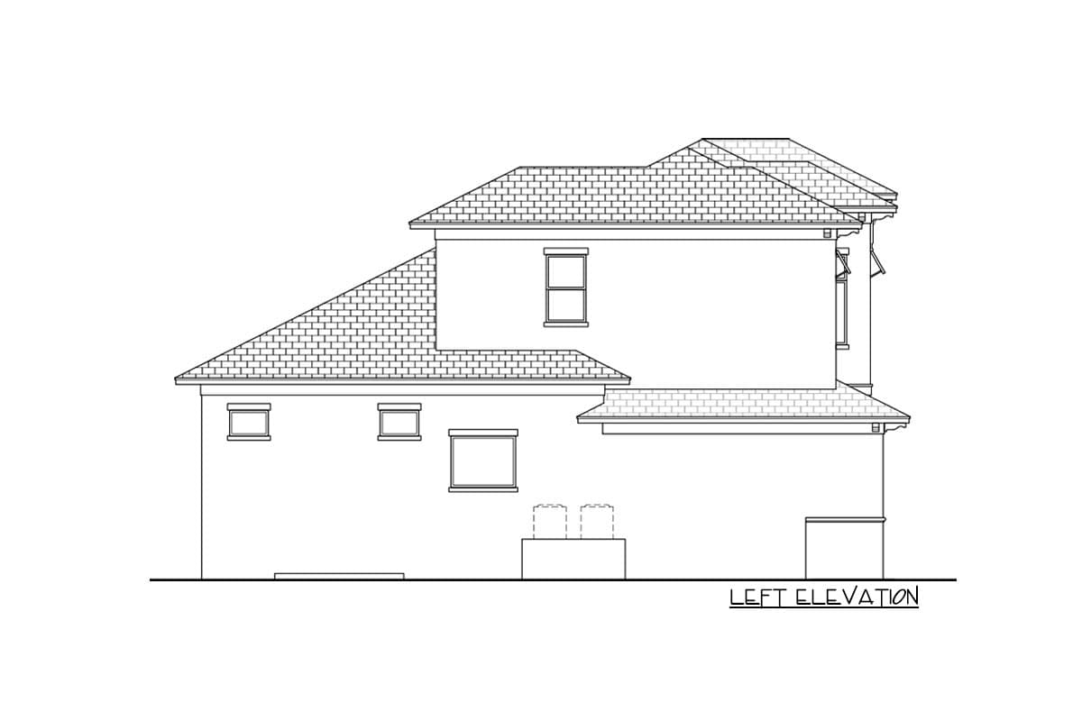 Left elevation house plan showing two stories, varied rooflines, multiple windows, and a base.