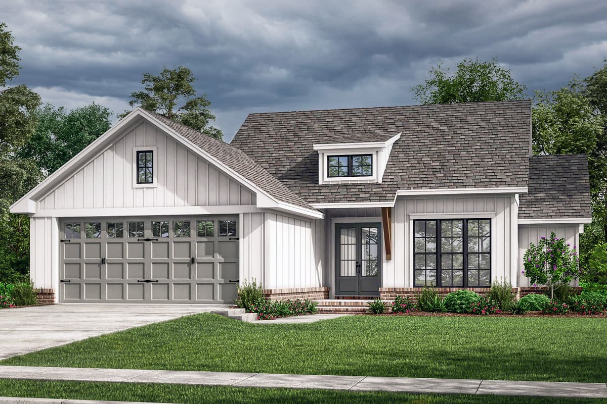 House plan exterior. Modern Farmhouse style with a gable roof, dormer, and attached garage. Includes a porch with a glass-paned door.