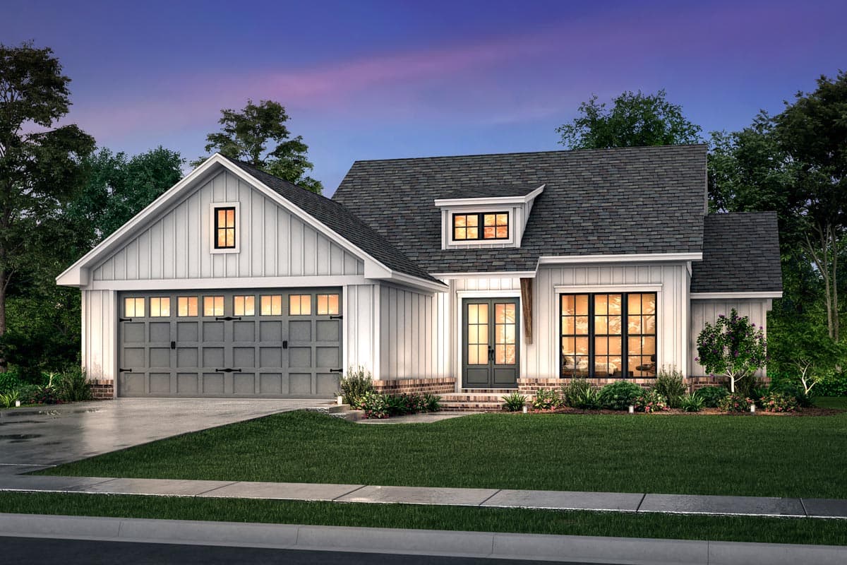 Modern Farmhouse house plan exterior with board and batten siding, gable dormer, double garage doors, and covered entry.